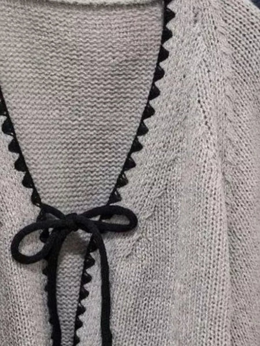 Chic Tie-front Contrast-trim Cardigan Plus Size in Gray