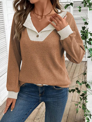 Chic ribbed two-tone buttoned maternity shirt in caramel and ivory with a collared neckline.