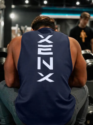 Navy athletic tank top with white Kanji graphic on back
