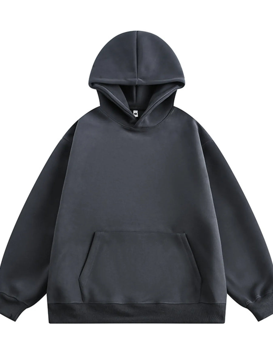 Dark Gray pocketed long-sleeve hoodie with a kangaroo pocket and drawstring hood.