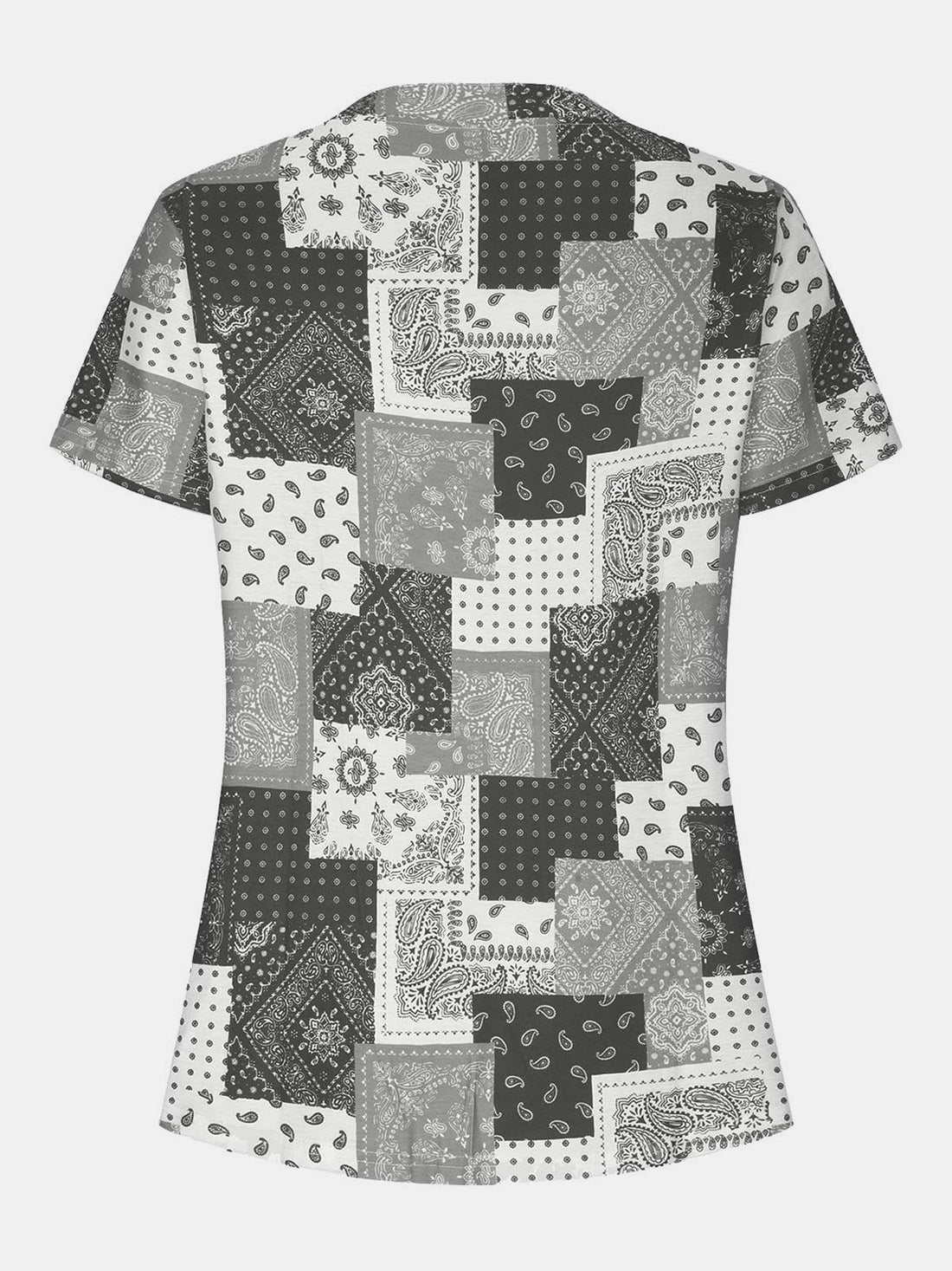 Gray bandana patchwork henley blouse with short sleeves.