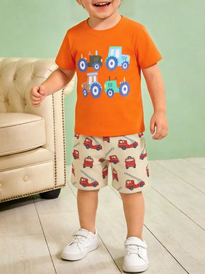Boys' cotton underwear set with orange tractor print t-shirt and beige firetruck print shorts.