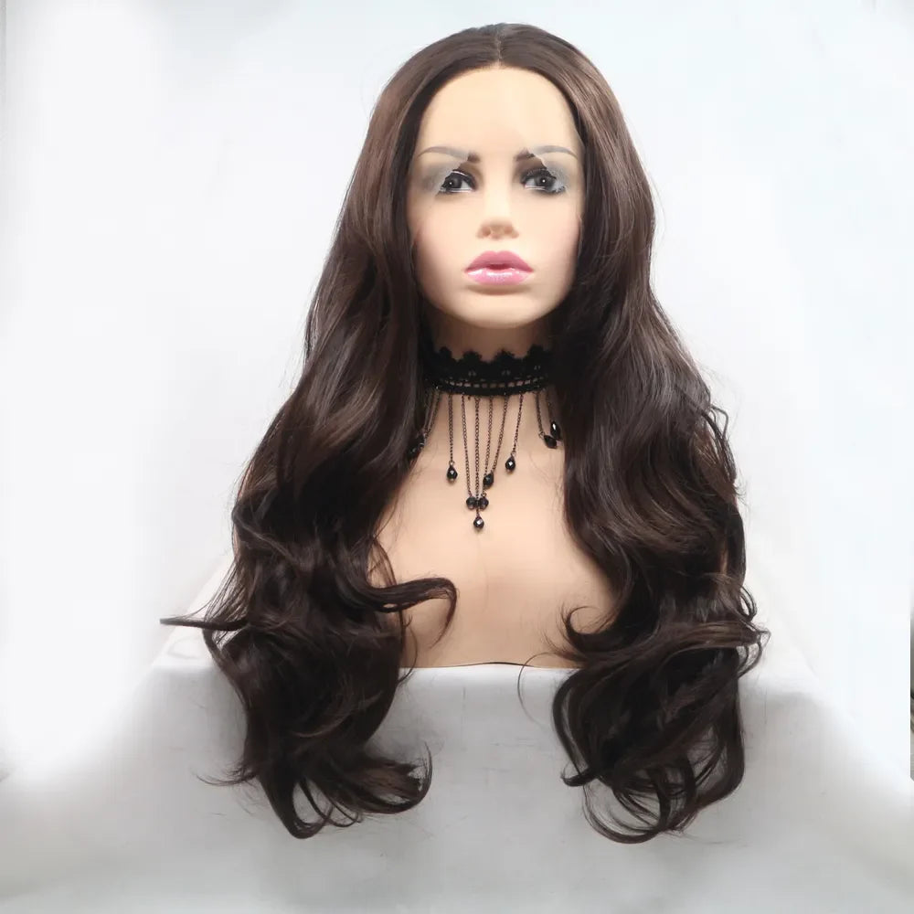 Brown cascading curls lace front wig with loose waves styled on a mannequin.