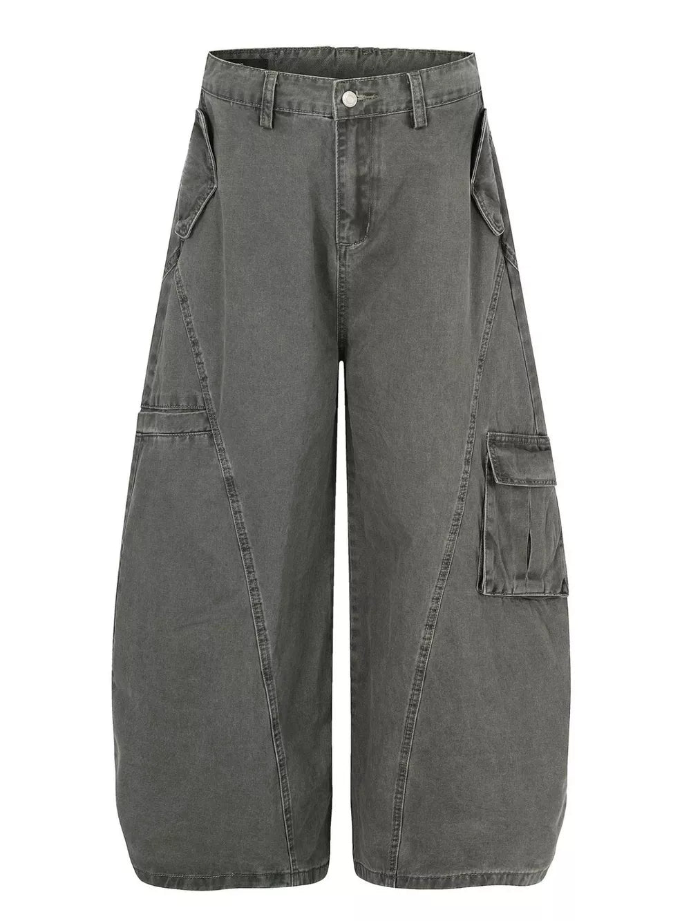 Grey wide-leg cargo pants with multiple pockets and contemporary stitching.
