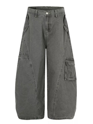 Grey wide-leg cargo pants with multiple pockets and contemporary stitching.