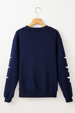Navy sweatshirt with white stars on sleeves, crewneck, long sleeves, cotton-polyester blend.