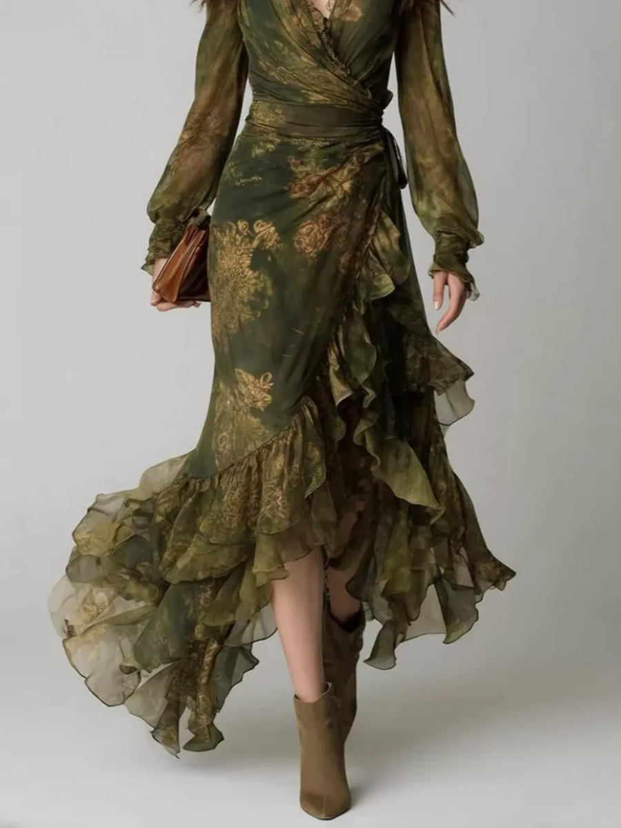 100% polyester Care instructions: Machine wash cold wrap dress in Army Green with A-line silhouette