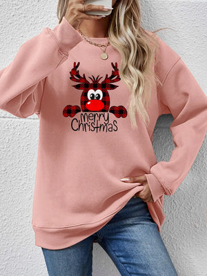 Plaid reindeer graphic crewneck sweatshirt in blush pink with Merry Christmas text.