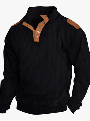 Black waffle knit henley shirt with tan suede shoulder patches and collar accents.
