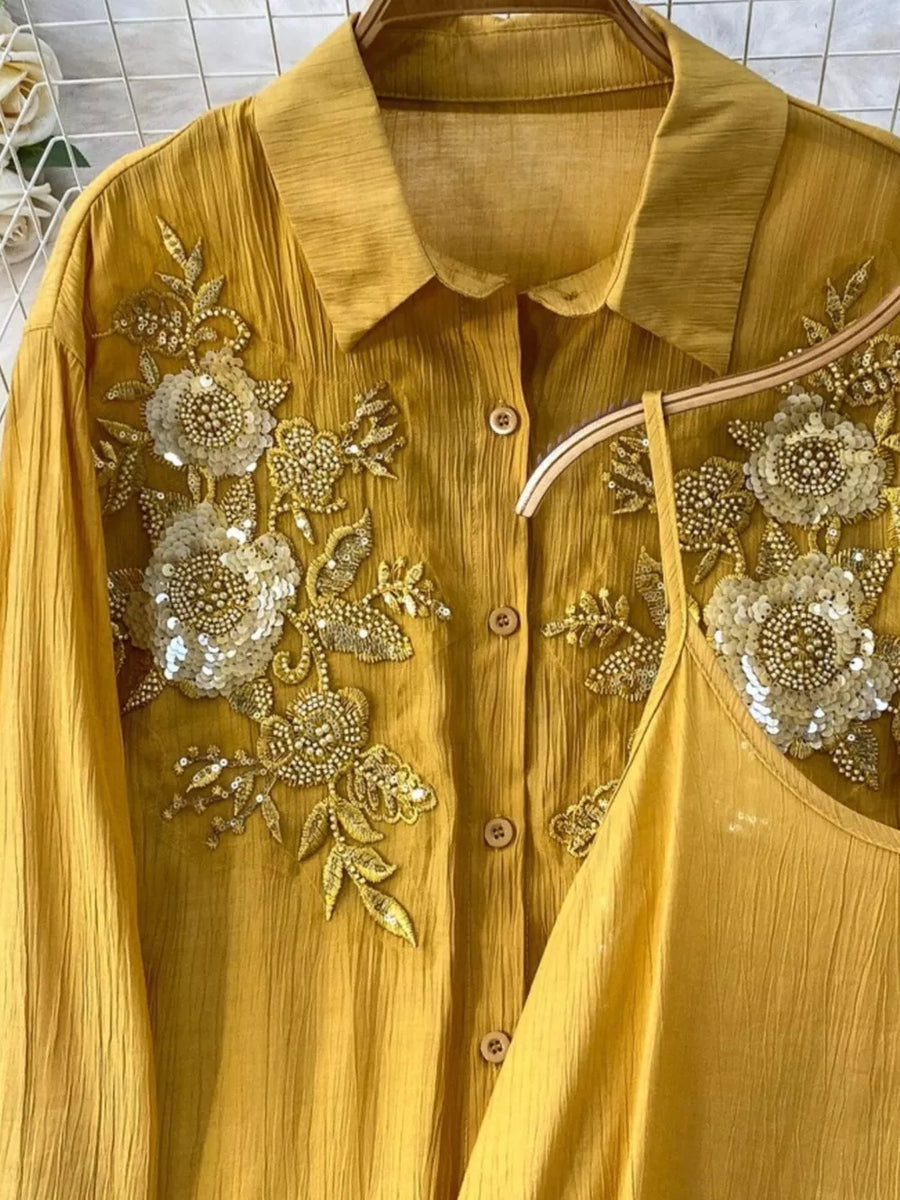 Yellow embroidered floral two-piece set with sequin and bead details.