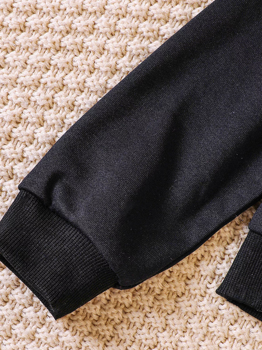 Black crew neck sweatshirt with ribbed cuffs and hem detail