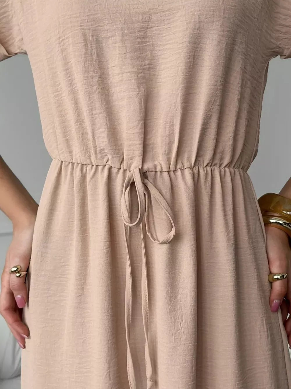 Casual Drawstring Waist Midi Dress in Deep Rose