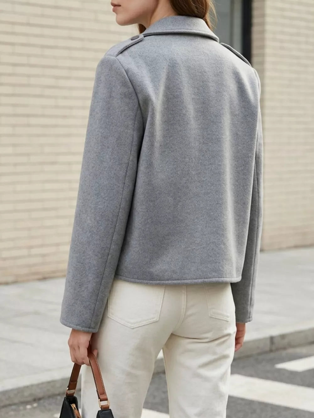 Lapel Collar Cropped Blazer in Khaki with pocketed
