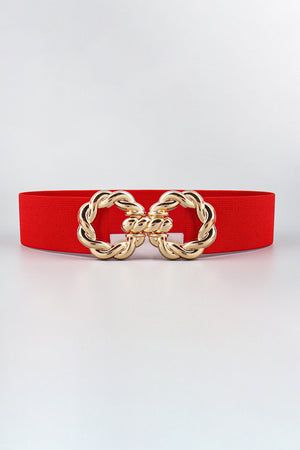 Red stretch belt with gold braided knot buckle detail