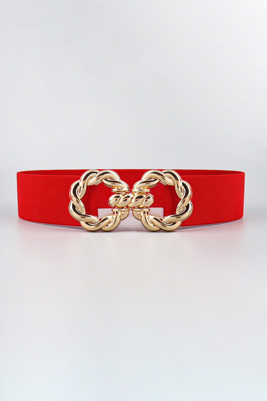 Red stretch belt with gold braided knot buckle detail