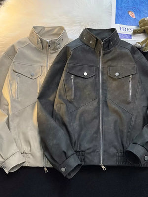 Men's bomber jacket in gray and khaki with zip front, stand collar, and chest pockets.