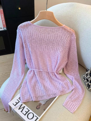 Beige Long Sleeve Knit Top With Tie Detail