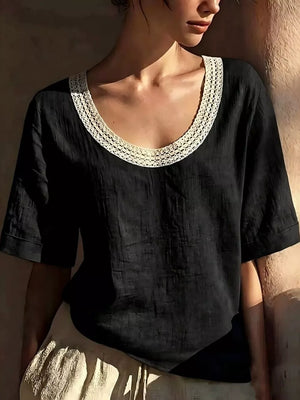 Black linen short sleeve top with crochet trim neckline