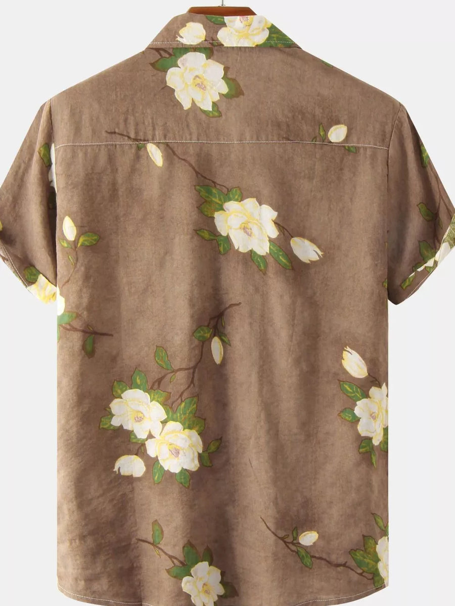 Gold with Men's Plus Size Floral Print Short Sleeve Shirt