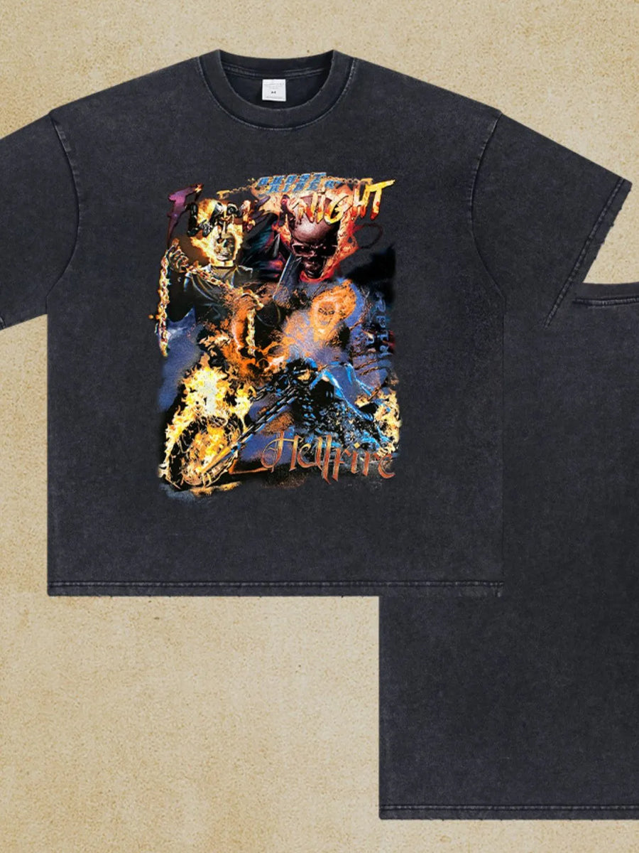 Black vintage graphic tee with oversized fit and fiery Hellfire motorcycle print.