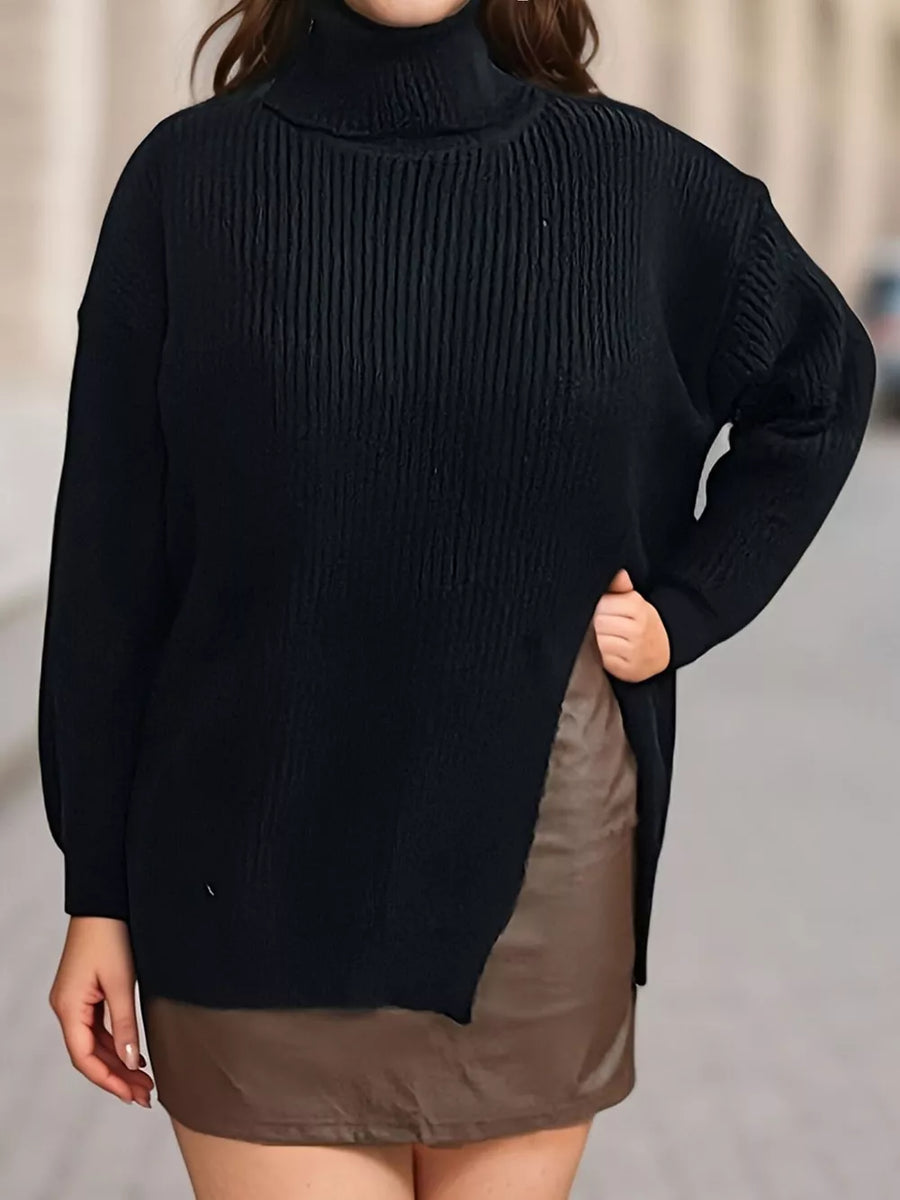 Black turtleneck sweater featuring ribbed and ribbed