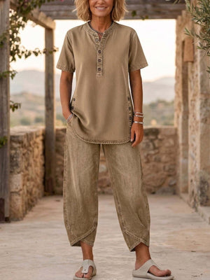 casual pajama set in Khaki with mandarin collar