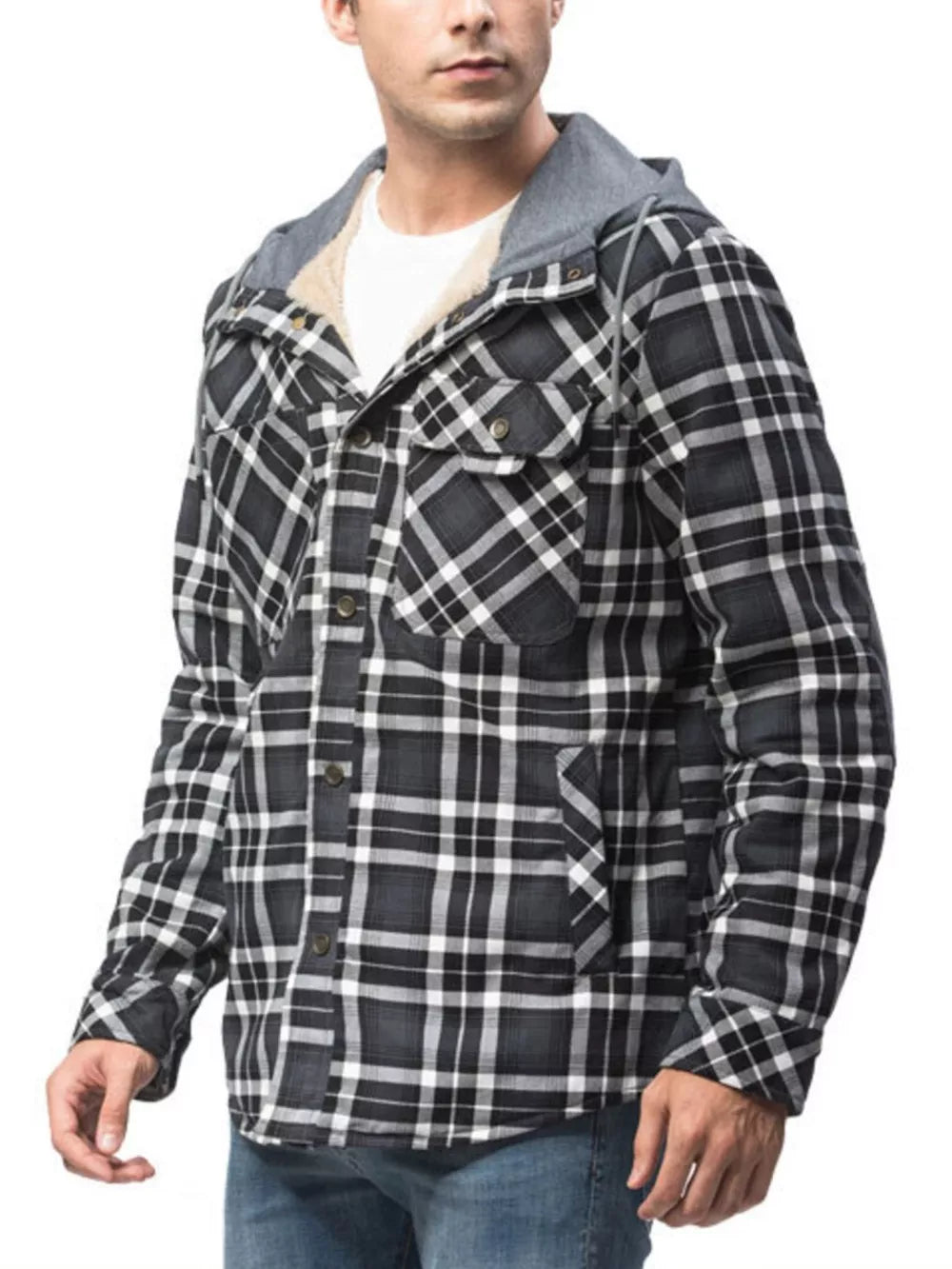 Men's grey plaid flannel hooded jacket with sherpa lining and button closure.