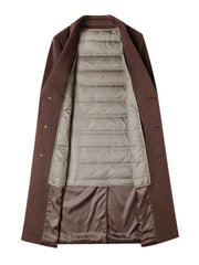 Men's brown wool longline overcoat with quilted lining and buttoned front.