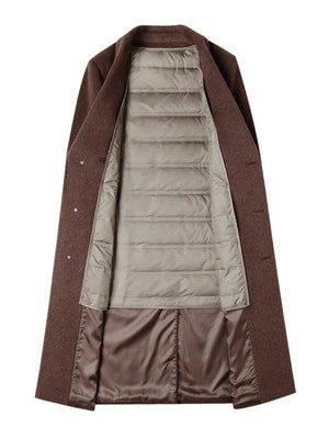 Men's brown wool longline overcoat with quilted lining and buttoned front.