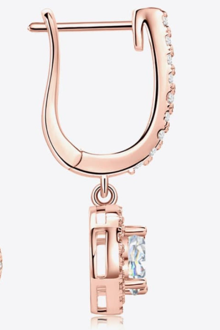 Rose gold halo drop earrings with pavé accents and a central gemstone.