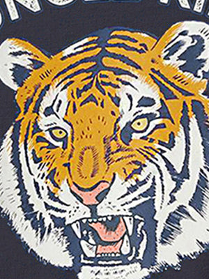Blue cotton crew neck t-shirt with a roaring tiger graphic.