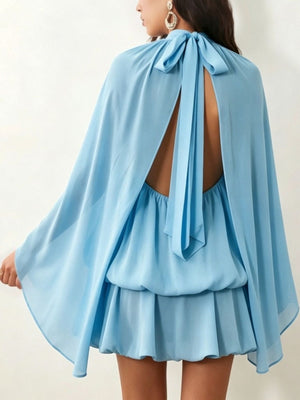 Tie Back Flare Sleeve Mini Dress in Sky Blue with ruffled