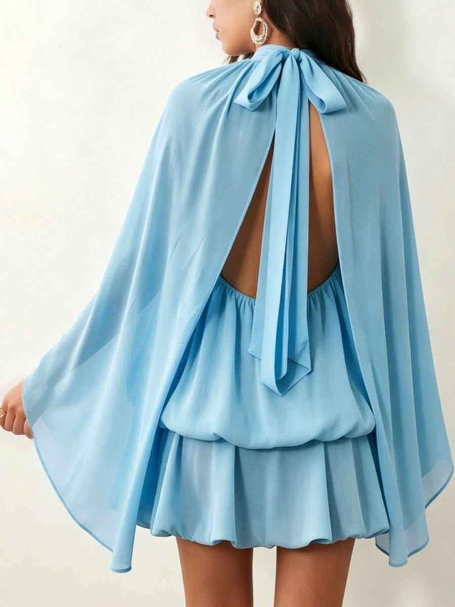 Tie Back Flare Sleeve Mini Dress in Sky Blue with ruffled
