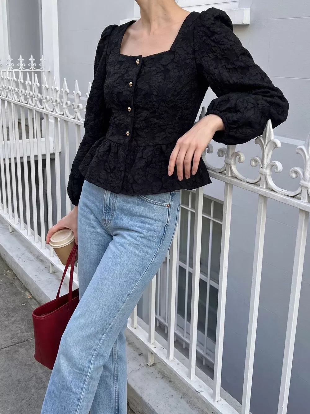peplum top featuring textured in Black with 100% polyester Care instructions: Machine wash cold texture