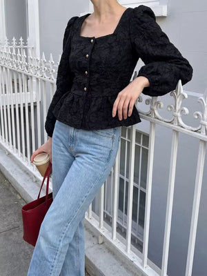 peplum top featuring textured in Black with 100% polyester Care instructions: Machine wash cold texture