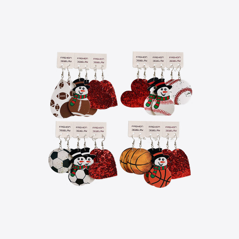 Festive sports snowman earrings set with football, baseball, soccer, basketball and heart charms.