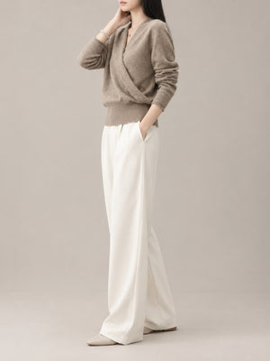 classic wrap top in camel with v-neck