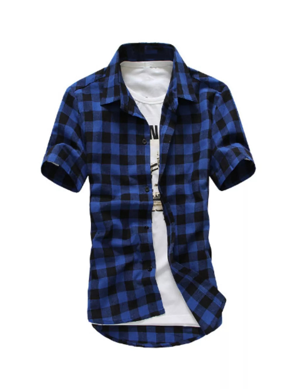 Men's short sleeve button-down shirt in Lake Blue buffalo check, layered over a white tee.