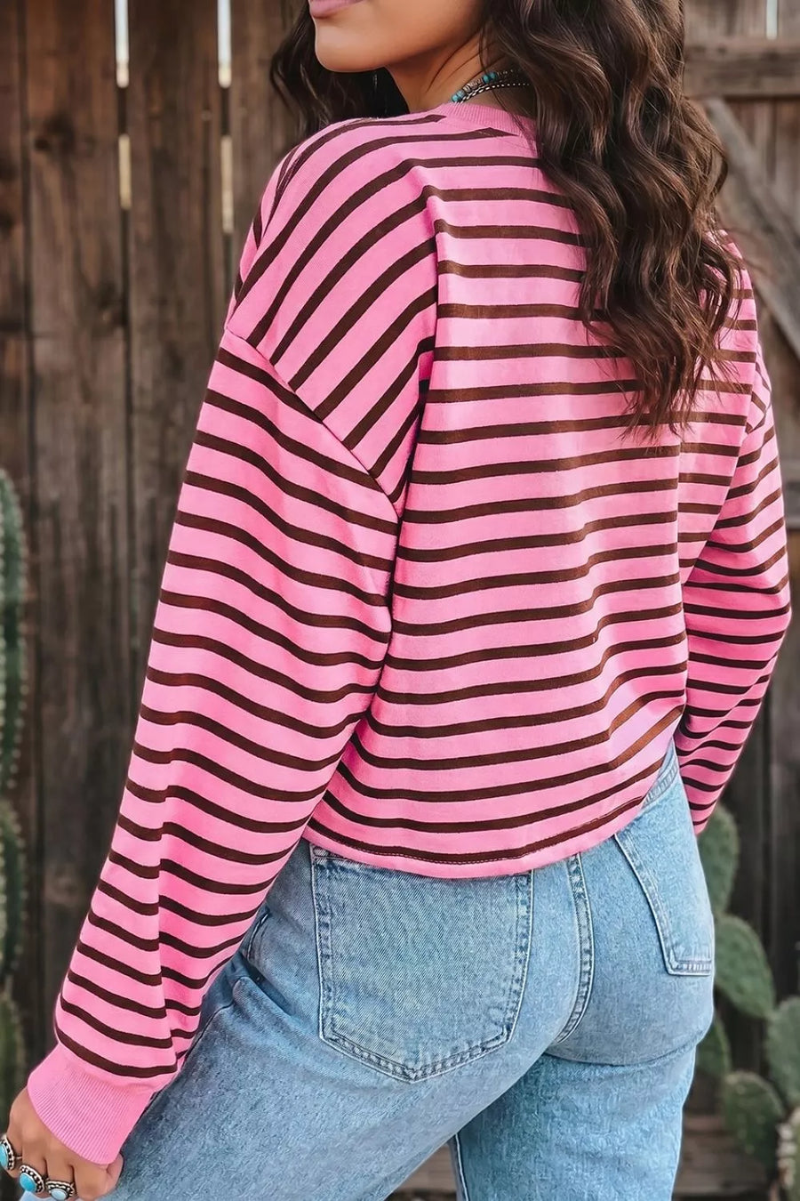 Stripe V Neck Drop Shoulder Long Sleeve Shirt option 7