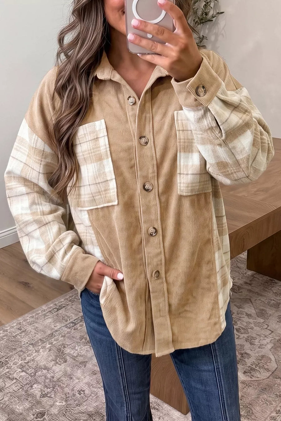 Plaid Colorblock Shirt Collar Shift Shacket in Camel