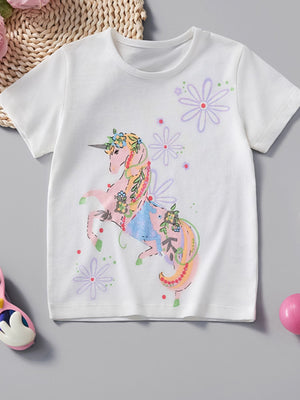White cotton crew neck toddler t-shirt with a colorful unicorn graphic and flowers.
