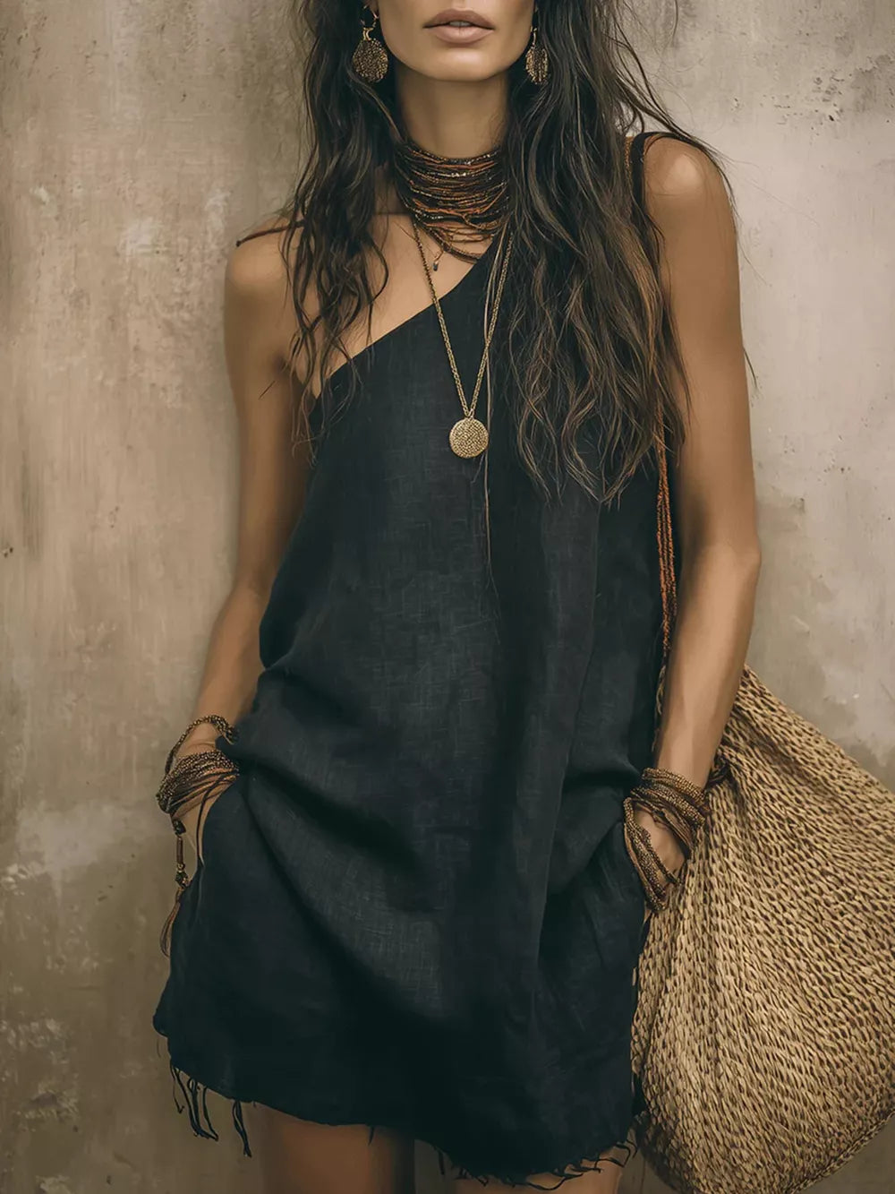 bohemian mini dress in white with one-shoulder