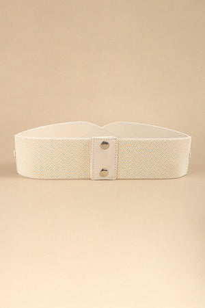 Ivory elastic belt with sculpted waist detail and silver snap closure