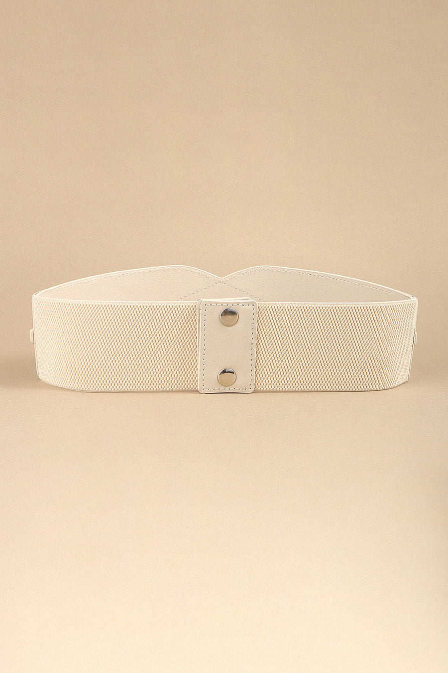 Ivory elastic belt with sculpted waist detail and silver snap closure