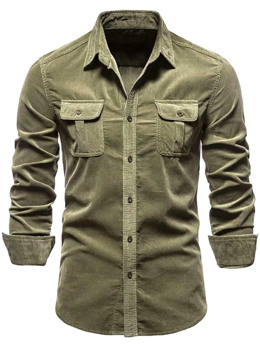 Moss corduroy utility shirt with two chest pockets and button front.