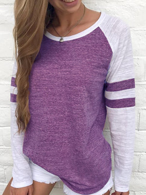 Purple t-shirt with striped sleeves and raglan sleeve