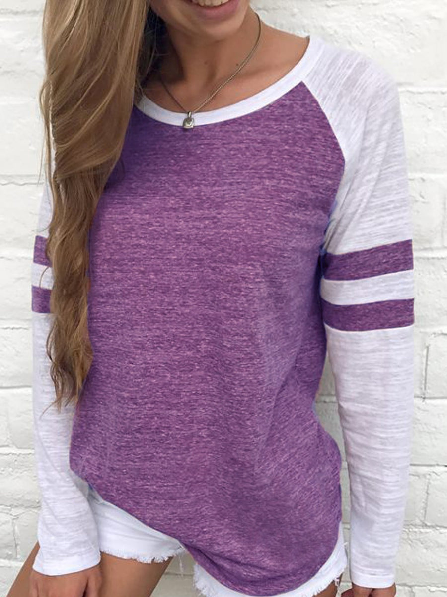 Purple t-shirt with striped sleeves and raglan sleeve