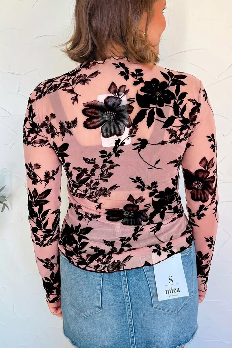 Dusty Pink with Floral Print Mesh Long Sleeve Blouse in Dusty Pink