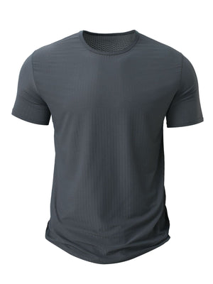 Men's grey crew neck active t-shirt with textured fabric and short sleeves.
