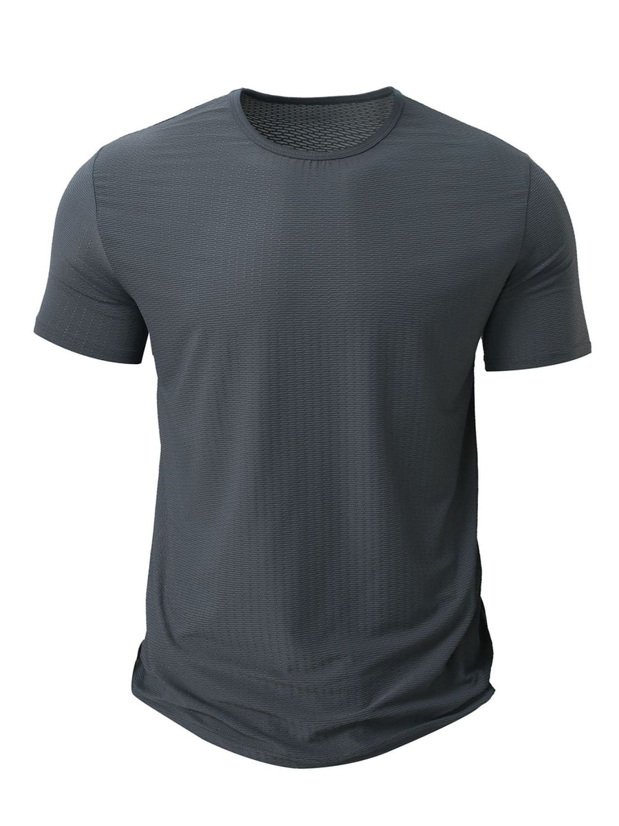 Men's grey crew neck active t-shirt with textured fabric and short sleeves.